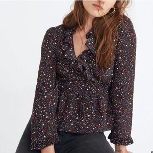 Madewell Silk Ruffle-Hem Wrap Top in Starry Night Women's Size M Coquette Fairy